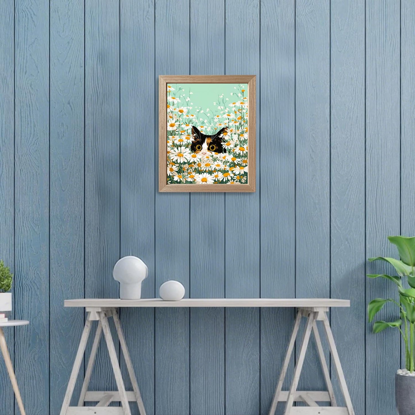 Cat Wall Decor Framed Cute Calico Cat Daisy Wall Art Flower Print Poster Whimsical Pet In White Floral Kitten Decor For Bedroom Nursery