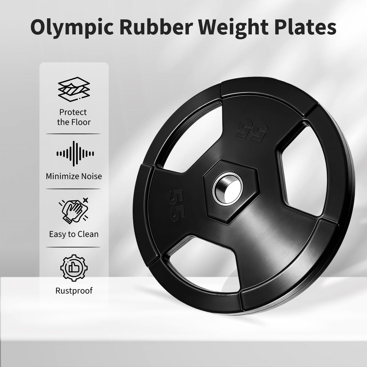 Rubber Grip Weight Plates Pair 55 LB, Cast Iron Core, Stainless Steel Ring, Triple-Handle Design for 2-Inch Barbell, Home Gym Strength Training, Floor Protection, Quiet Lifts