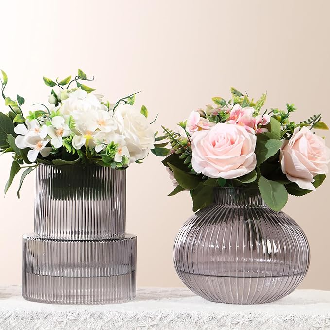 Ribbed Glass Vases, Set of 2 Fluted Vases for Flowers, Black Glass Vase for Tulips, Modern Vase for Living Room, Kitchen, Office, Entryway, Mantle, Bookshelf, Wedding Gifts, Birthday