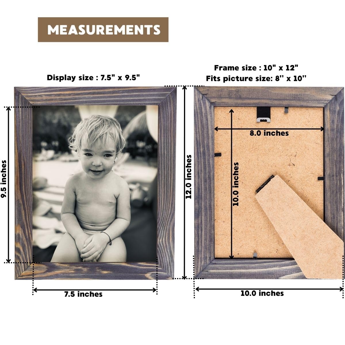 Rustic Wooden Picture Frames 8x10 - Old Dark Grey - Set of 2-100% Natural Eco Solid Wood and High Definition Real Glass for Wall Mounting Tabletop Photo Frame