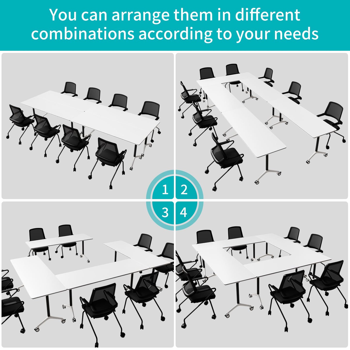 ZanyCajole Conference Room Table, Folding Conference Table with Silent Wheels, Modular Flip Top Mobile Training Tables for Office, Training Room, Meeting Rooms, School, 2-16 Person (4, White, 55.1in)