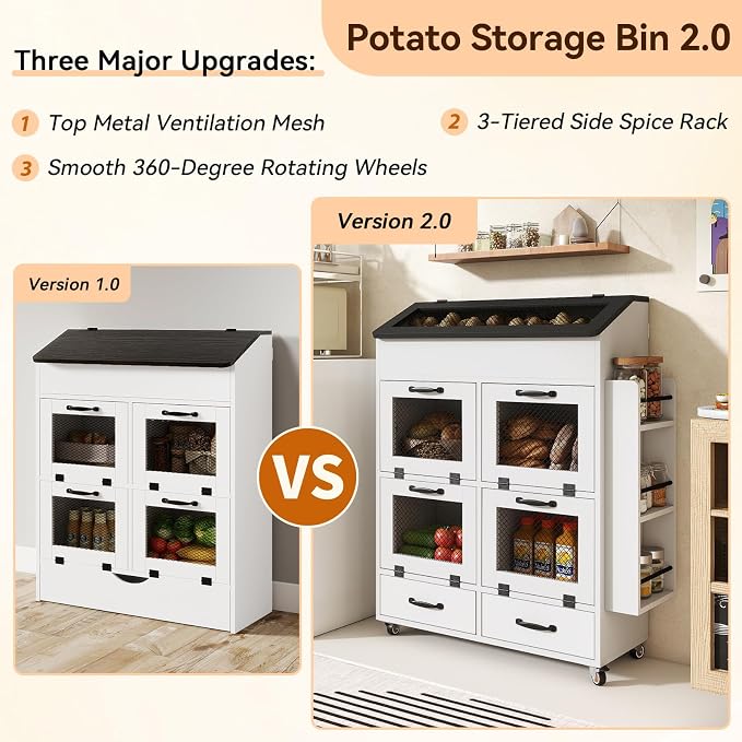 Verano Garden Large Potato and Onion Storage Bin on Wheels, Wood Bread Box w/Lid & Mesh Doors, 4-Tier Rolling Fruit and Vegetable Storage Organizer w/Grocery Section & Side Rack (White, 31.5")