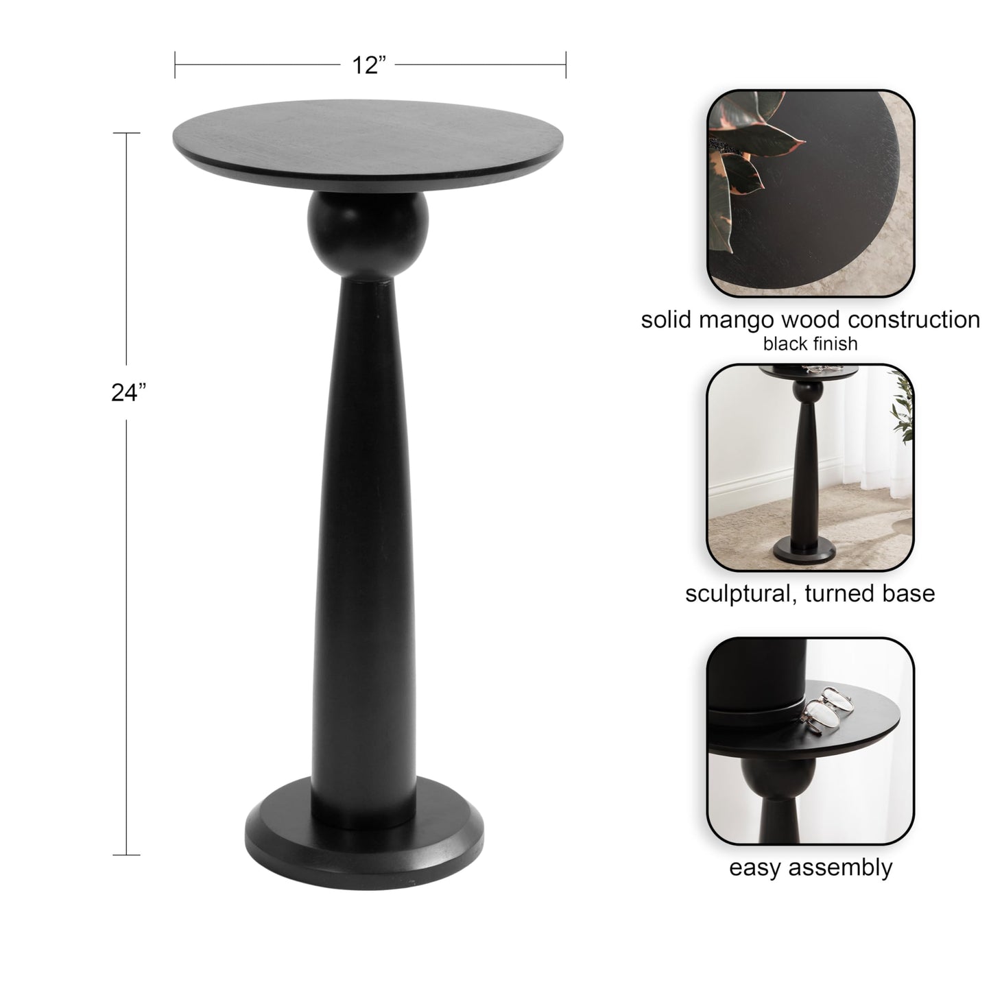 Kate and Laurel Jakob Modern Wooden Round Side Table; 12 x 24; Black; Circle Pedestal Table for Use as Bedroom Nightstand; Indoor Plant Stand; or Decorative Living Room Table