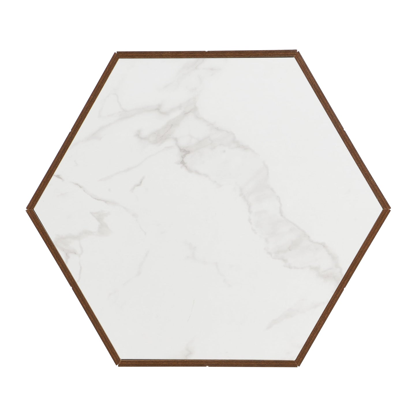 Merax Rustic Retro Coffee Table with 2 Hidden Drawers, Hexagonal Wooden Living Room Table with Textured White Marble Tops, Walunt Oak Finish
