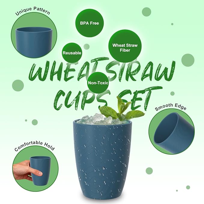 Wheat Straw Cups, Unbreakable Reusable Plastic Cup Set of 6, Lightweight Dishwasher Safe Kids Drinking Cups 12 OZ for Everyday Use, Kitchen, RV, Camping, Blue