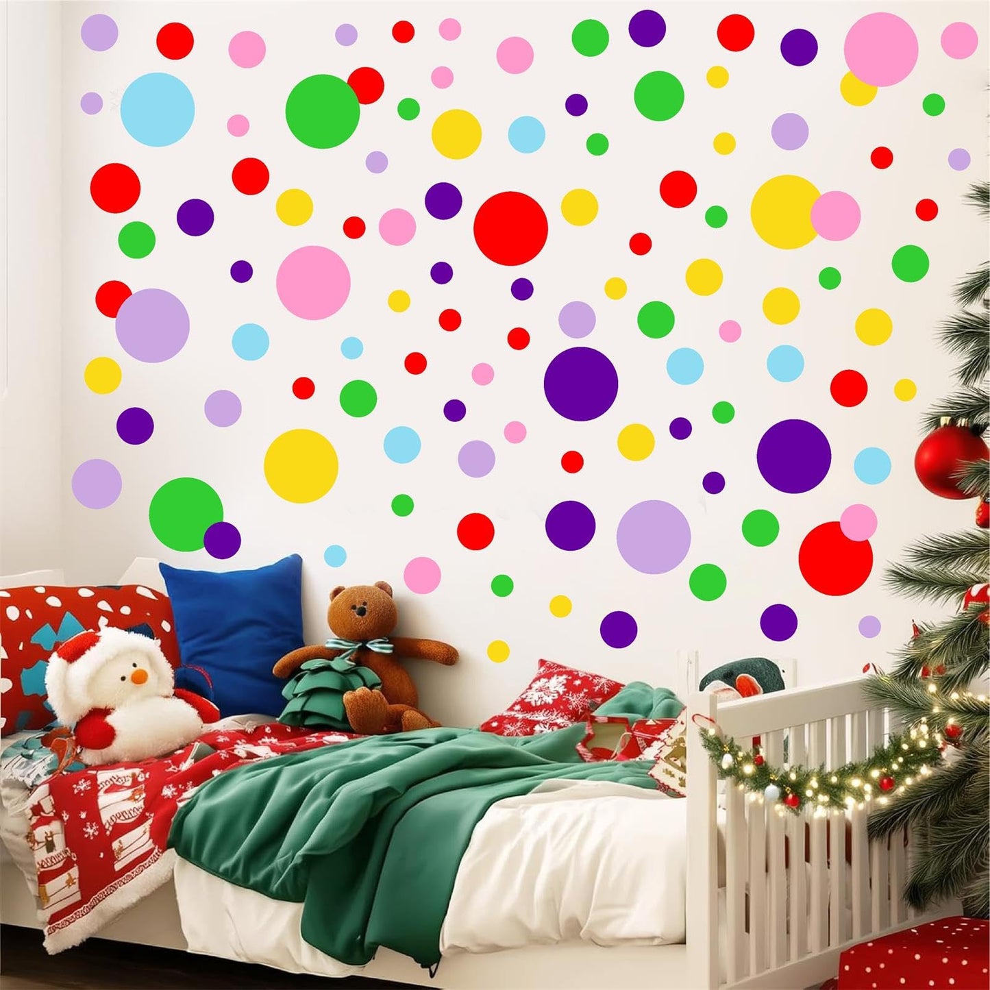 Polka Dots Wall Decal Christmas Wall Decals Lime Green Red Vinyl Stickers Dots Decals Living Room Art Murals Xmas Home Decoration Indoor Rainbow Christmas Circle Stickers Peel and Stick Decal