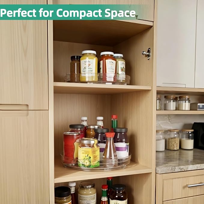 Optish 2 Pack Lazy Susan Organizer, 9.5" 10.7" Lazy Susan Turntable for Cabinet, Spice Organization for Cabinet, Refrigerator, Pantry, Closet, Countertop, Non-Skid Turntable Organizer, Clear
