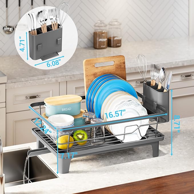 Urackify Dish Drying Rack for Kitchen Counter, Sink Dish Rack with Drainboard 12.2" W x 16.5" L, Large Dish Drainer with Cutlery Holder, Home Countertop Plate Dryer Storage Rack, Gray