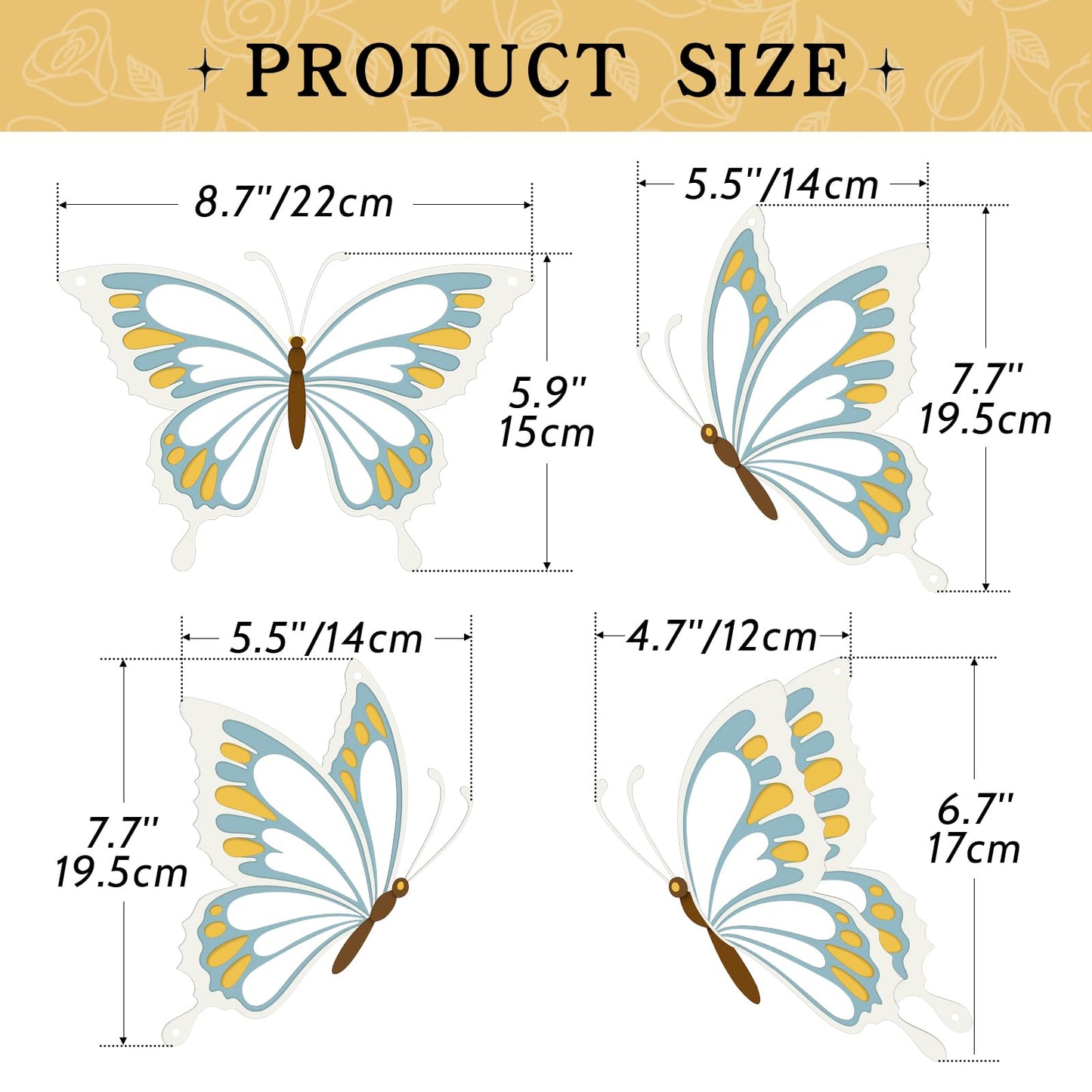 PoYang 4 Pieces Metal Butterfly Wall Decor - Butterflies Metal Wall Art for Living Room Dining Room Bedroom Bathroom Kitchen | Blue and Yellow | Lightweight | Cute and Modern | Easy to Install