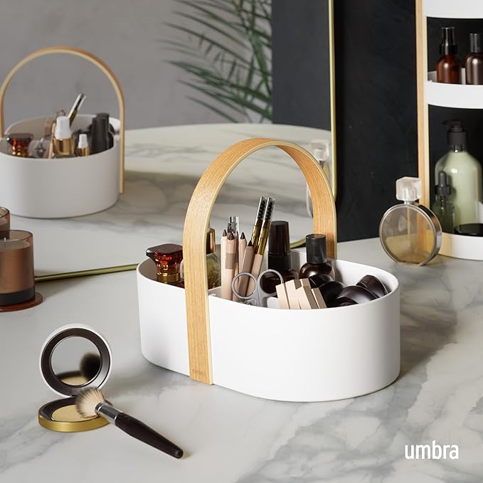 Umbra Bellwood Caddy, Organizer Bin for Makeup and Cosmetics, Durable Lightweight Container with Wooden Handle and Removable Dividers, Small, White/Natural