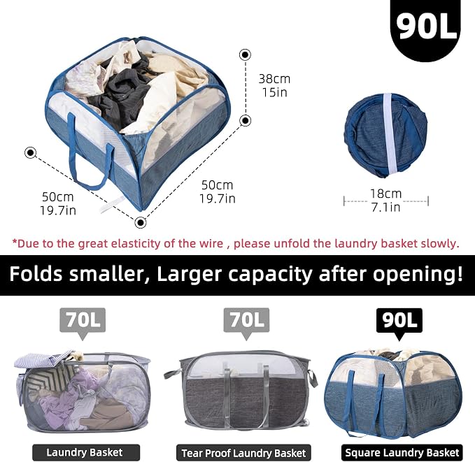 Collapsible Laundry Basket, 90L Foldable Pop-up Laundry Hamper with Reinforced Handles, Tear Proof Mesh Dirty Clothes Hamper for Laundry (Blue, 2PCS)