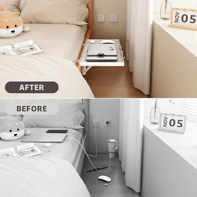 Magheo Foldable Bedside Shelf, Metal Clip-On Bunk Bed Table Shelf for Top Bunk Heavy Duty Bed Side Table Tray for College Dorm Room Essentials, Loft Nightstand Organizer Tray with 3 Cord Hole(White)
