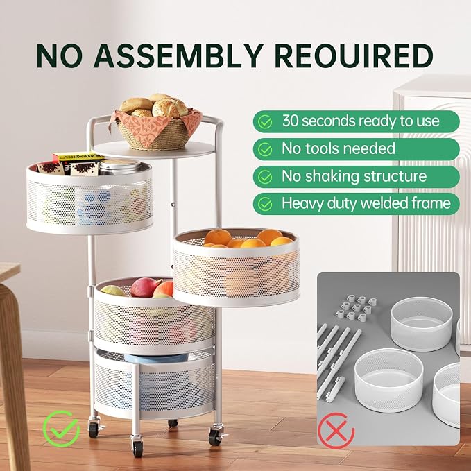 JAQ No Assembly Kitchen Storage Cart with Wheels, 4-Tier Rotating Onion & Potato Storage Organizer, Metal Produce Rack for Vegetable, Fruit and Pantry Storage, White