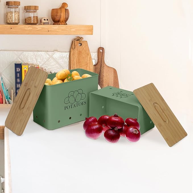 Potato and Onion Storage Bin Set of 2, Vented Metal Vegetable Storage with Wooden Lids, Farmhouse Kitchen Canisters for Countertop Pantry Organizer, Potato Bin Onion Holder for Produce Storage, Green