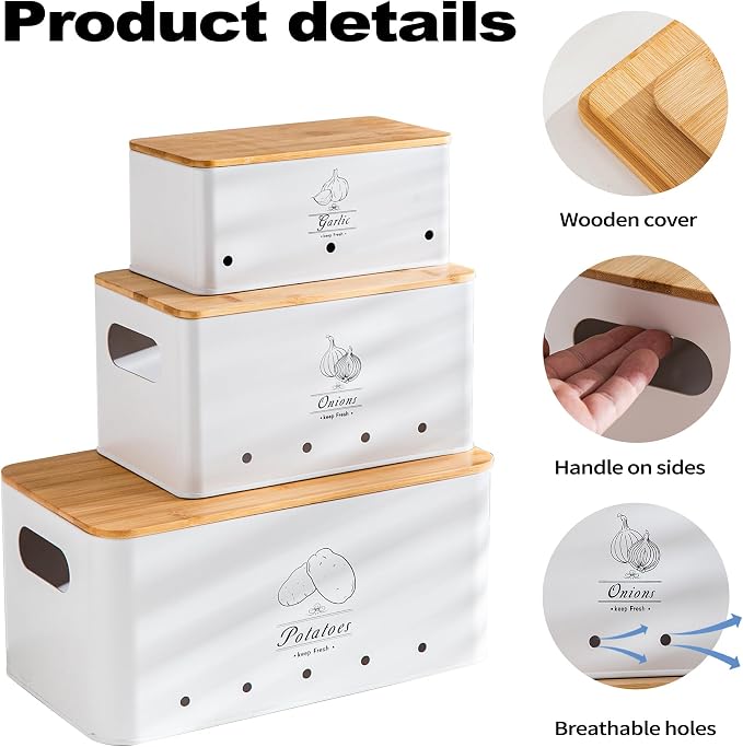 Metal Potato Onion and Garlic Storage Tin Set of 3, White Kitchen Vegetable Canisters with Bamboo Lid and Aerating Holes, Stackable Kitchen Keeper Storage for Countertop Pantry