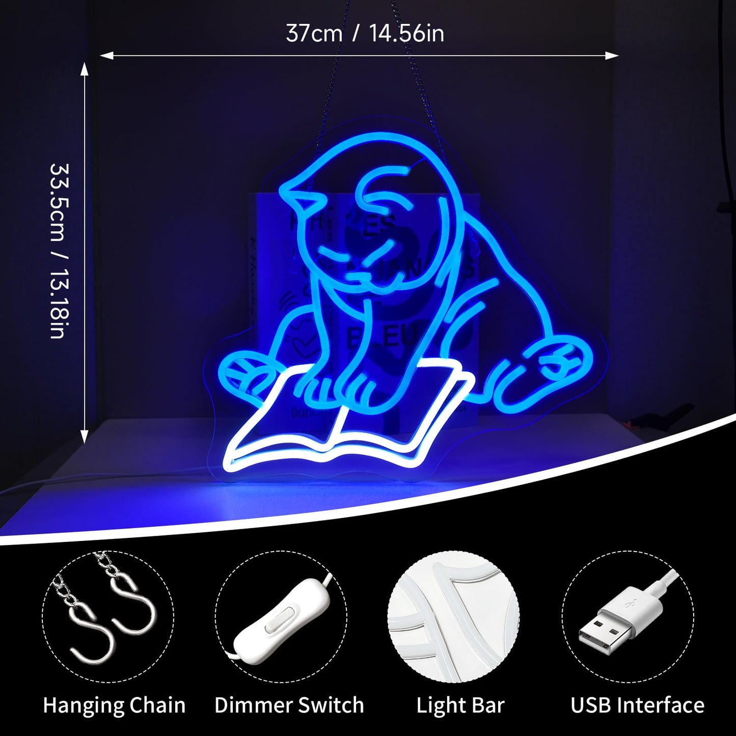Pkshfja Cat Reading Book Neon Sign Led Light Up Signs for Wall Decor Usb Powered Neon Light Signs Indoor Light for Room Decor Holiday Gift