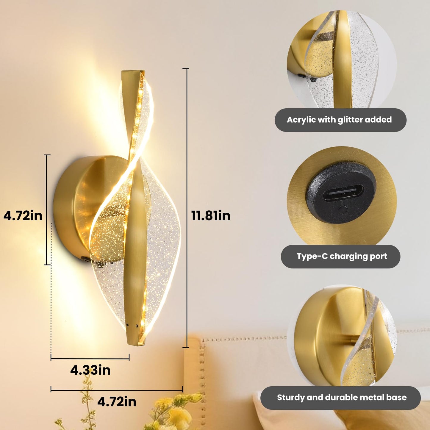 Giawosth LED Wall Sconces Set of Two Battery Operated, 5000mAh USB Rechargeable Gold Acrylic Wall Lights with Remote, Dimmable Wireless Wall Lamp for Living Room, Bedroom, Hallway,11.8 Inch