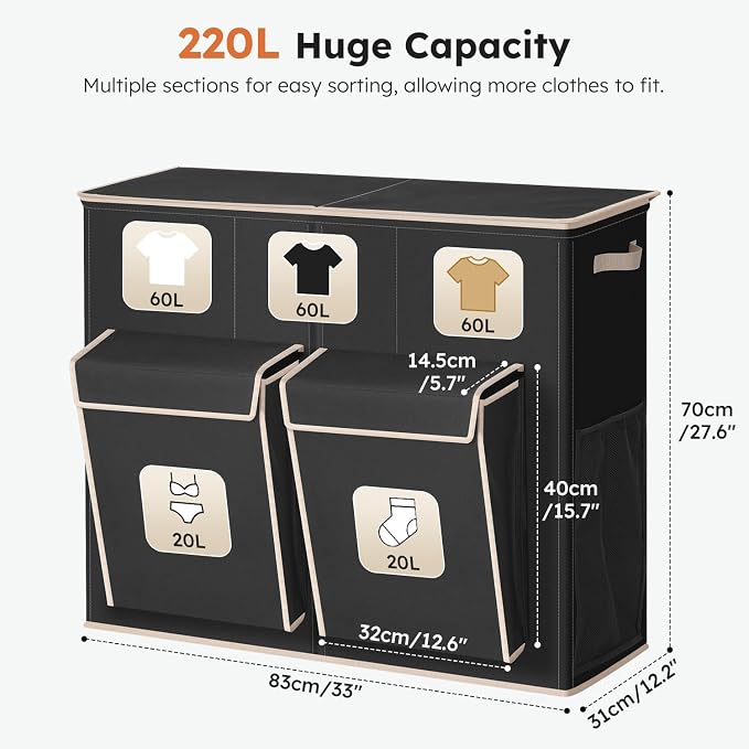 SOLEDI 220L Laundry Hamper 3 Section,Extra Large Laundry Basket with Lid and 2 Side Pockets, Dirty Clothes Hamper with Removable Bag Easy to Carry for Laundry Room, Bedroom, Bathroom, Black