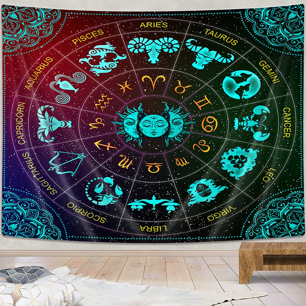 VeiVian Zodiac Astrology Wall Hanging, Sun and Moon Constellation Blacklight Art, Trippy Mandala Boho Witchy Wall Tapestry for Bedroom, Living Room, Dorm, (60x40)