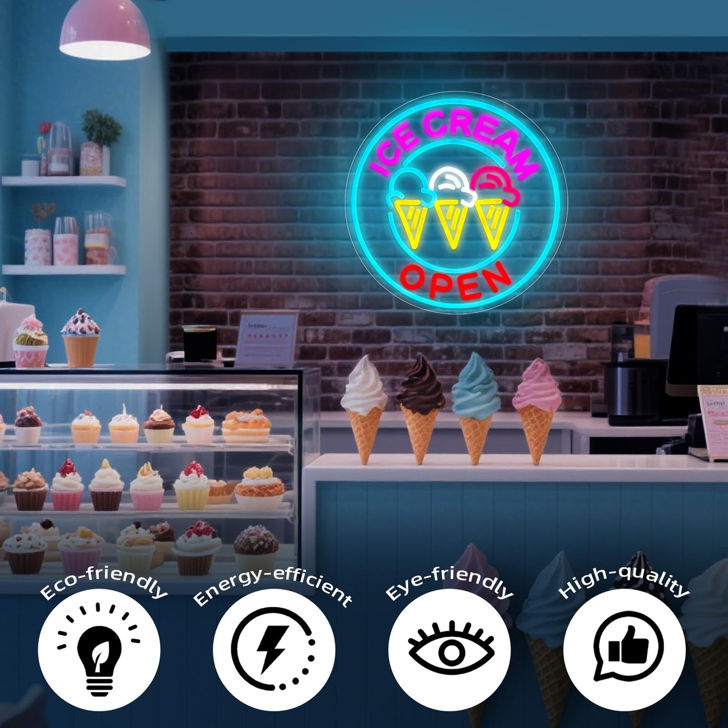 Ice Cream Open Neon Sign for Wall Decor, Gelato Open Logo LED Light Sign USB Powered Dimmable Neon Signs for Business Restaurant Bar Girls Bedroom Coffee Ice Cream Shop 13.2"×13.2"