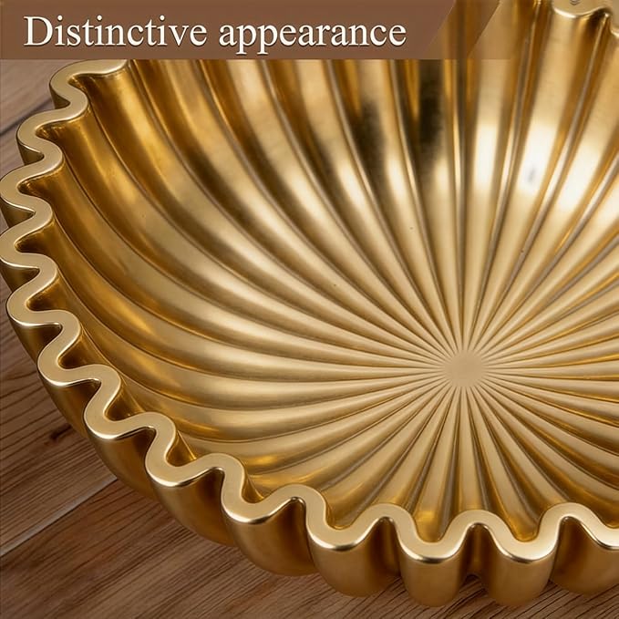 Large Modern Ruffle Bowls, Artificial Stone Decorative Catch All Bowl for Kitchen Counter and Entryway Table, Handcrafted Fruit Bowls and Key Bowl for Home Decor(Golden)