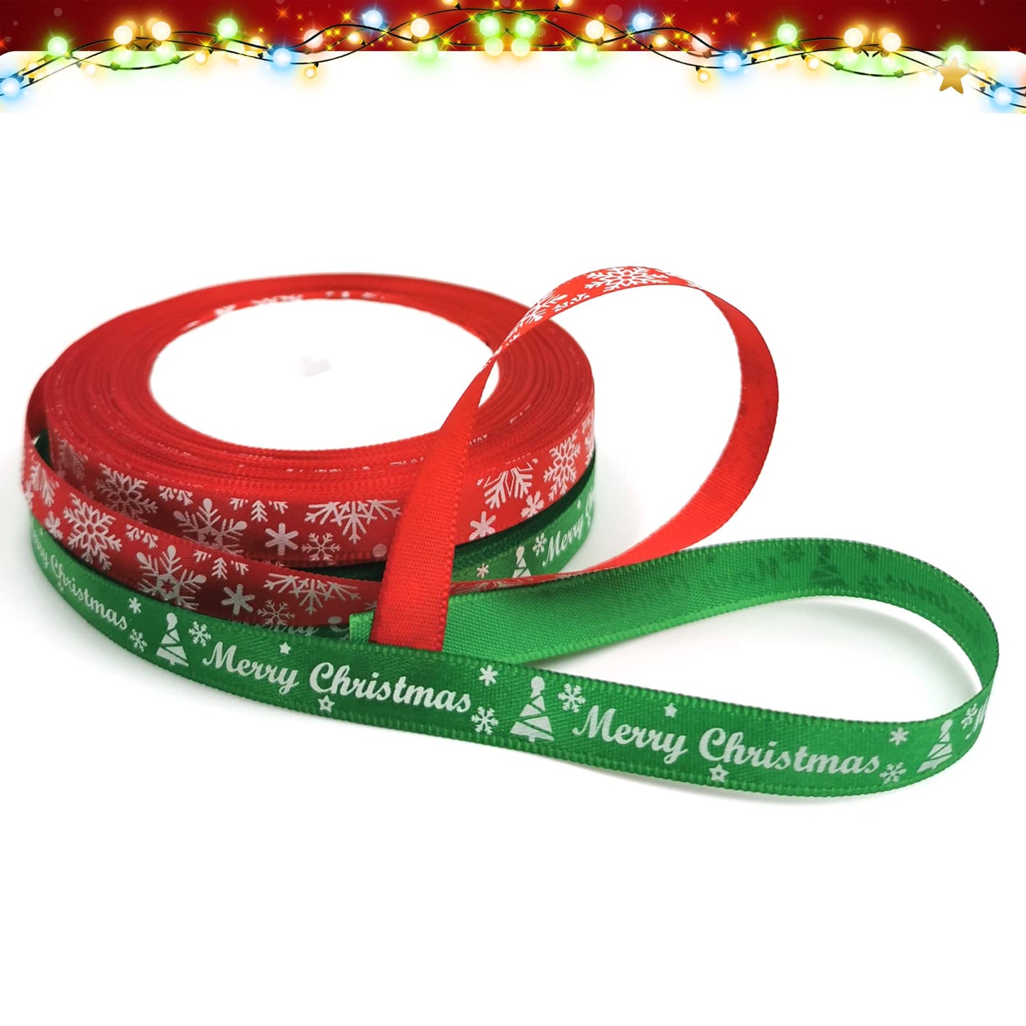 50Yards Christmas Ribbon Red and Green Satin Ribbon 3/8 Inch Holiday Gift Wrapping Ribbon Set with Marry Christmas Snowflake Pattern for Party Decor Christmas Tree Ornaments (25yard/roll,2rolls)