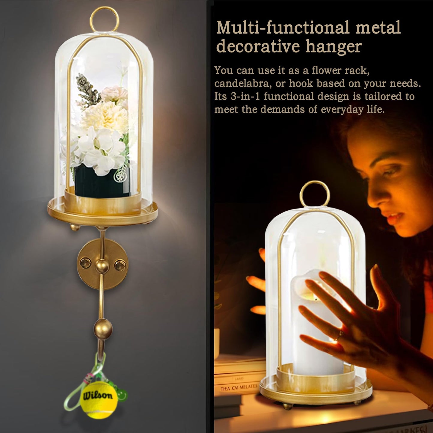 MAUYAR Metal Wall Hurricane Glass Candle Sconce Holder for Pillar Candle & Plant, Modern Farmhouse Decor Candle Lantern with Hand Towel Rack (Gold)