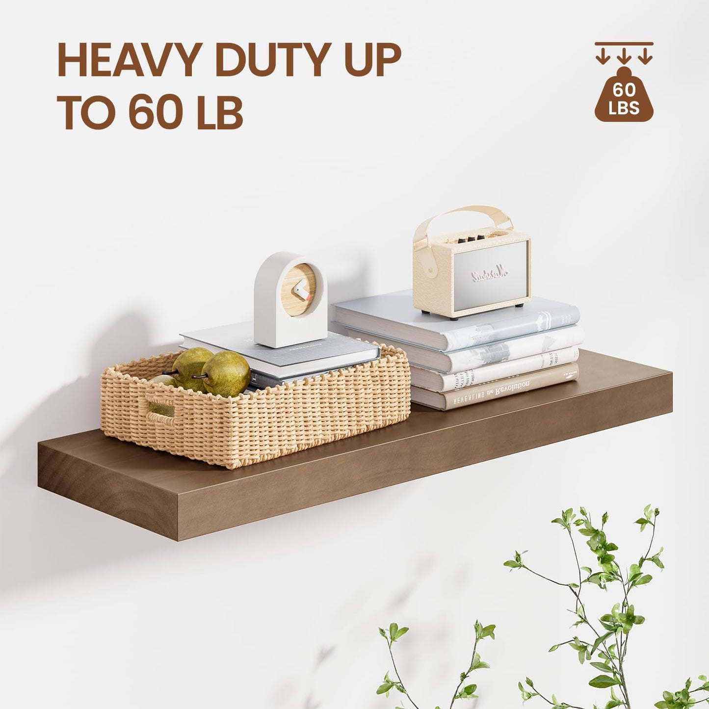 Heimlove Solid Wood Floating Shelves 24 inch, 8 Inch Deep Display Shelves Set of 2, Wall Mounted Floating Shelf with Invisible Brackets for Bathroom Bedroom Kitchen Living Room - American Walnut