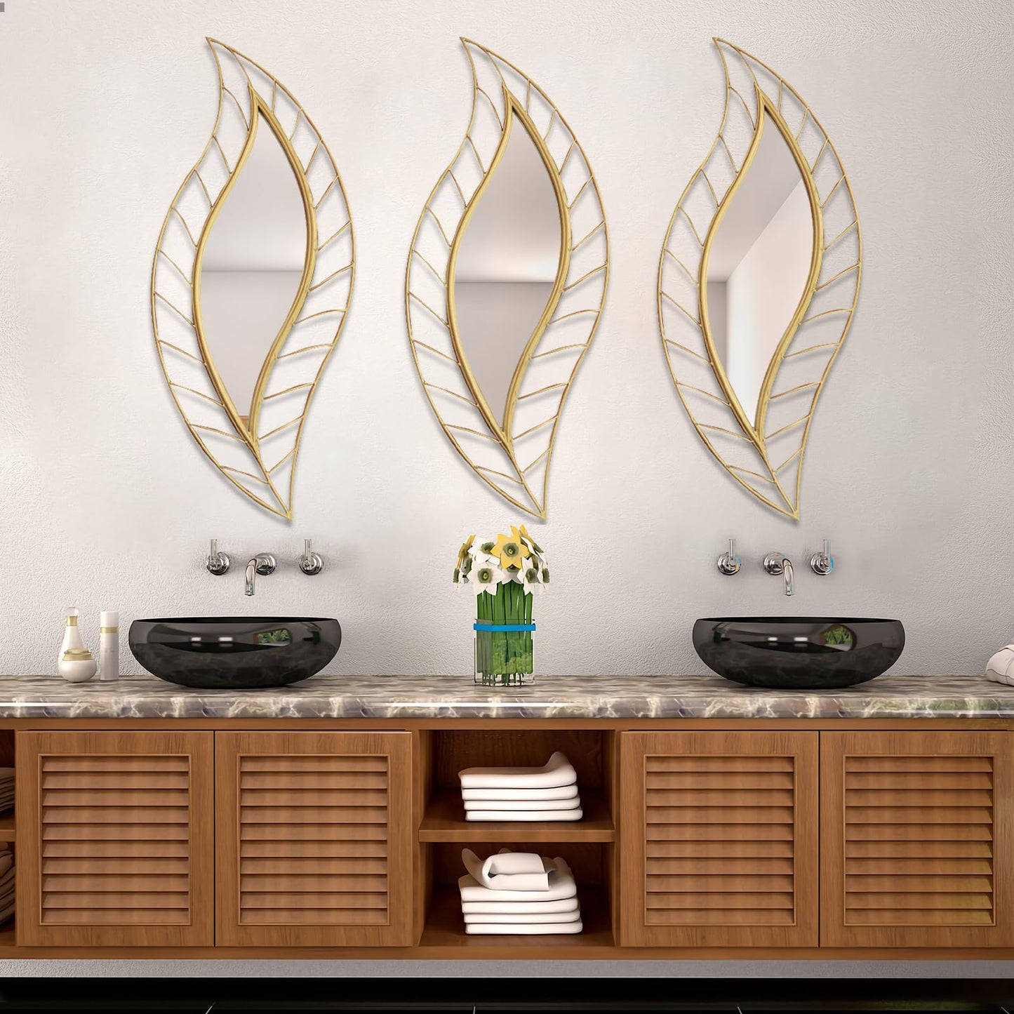 ironsmithn Leaf Teardrop Mirror, Gold Decorative Wall Mirror with Metal Frame, 45" x 18.5" Wall Mounted Mirrors for Bathroom Vanity Living Room Bedroom Fireplace