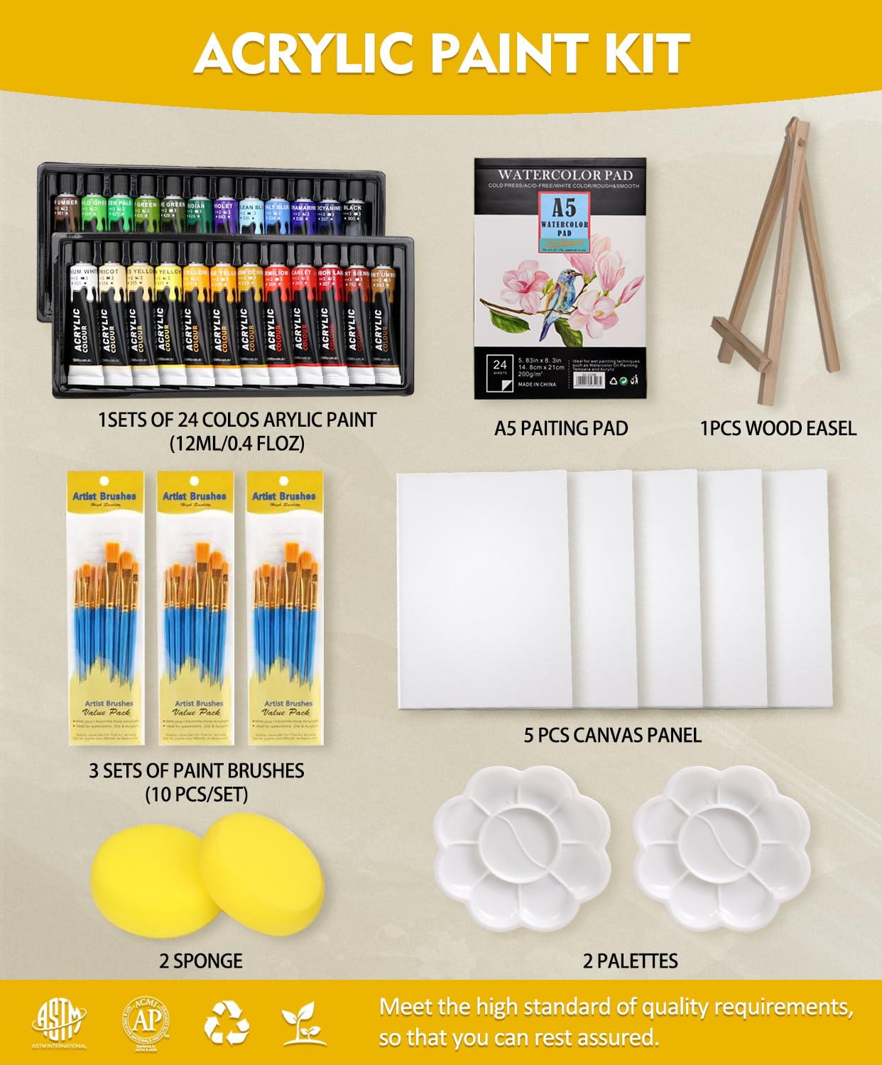 Colorful Acrylic Painting Kit - Paint Supplies Set with 24 Colors, 30 Brushes, 5 Canvases, 1 Pad, 2 Palette, 2 Sponge & 1 Wood Easel - Art Acrylic Paint Set for Beginners, Kids, Adults