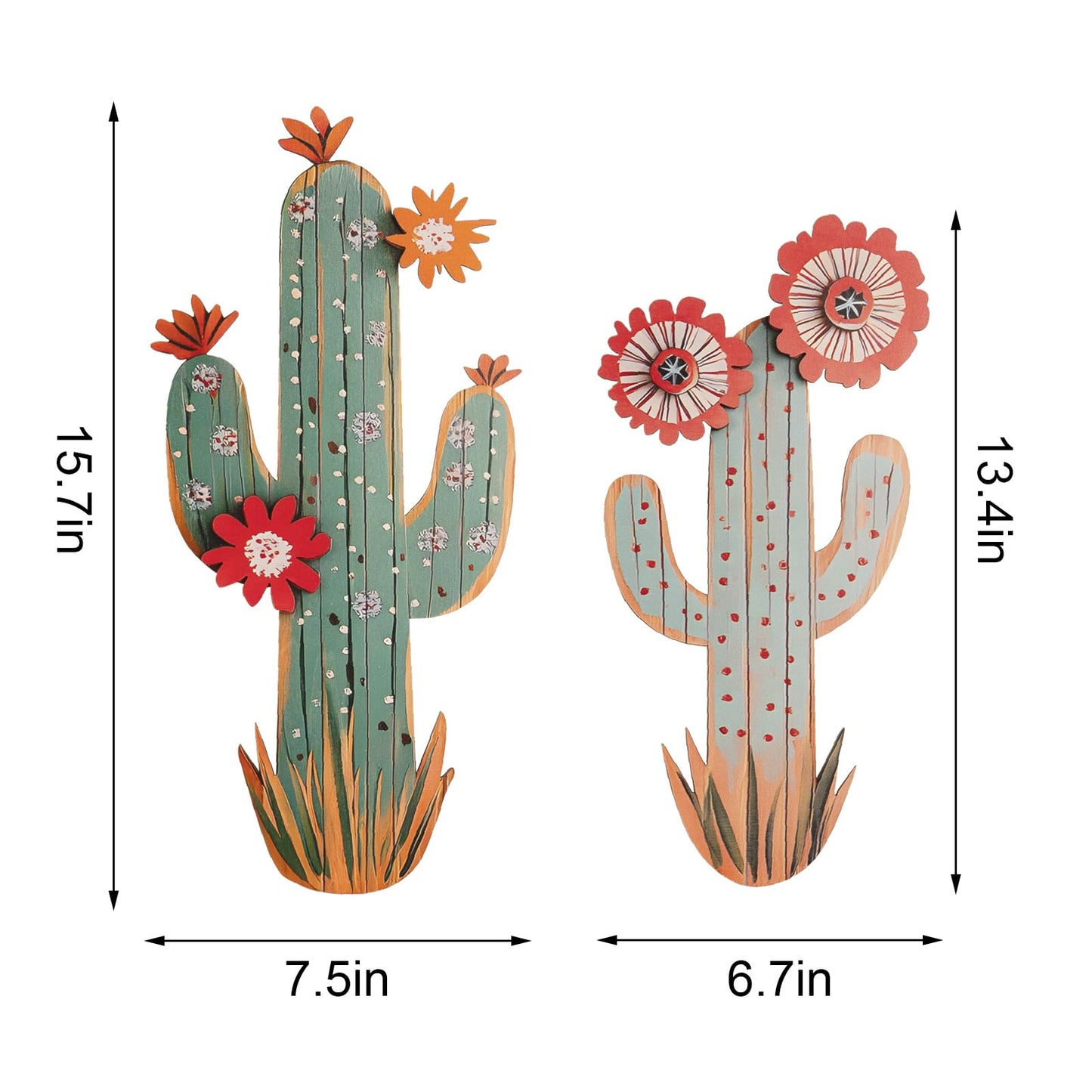 flangairy 3D Cactus Wall Decor, Set of 2 Wooden Cactus Flower Picture Southwestern Wall Art, Western Room Bathroom Bedroom Nursery Kitchen Decorations for Home