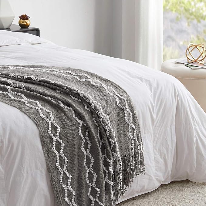 BOURINA Fluffy Chenille Knitted Fringe Throw Blanket Lightweight Soft Cozy for Bed Sofa Chair Throw Blankets, Grey 50" x 60"