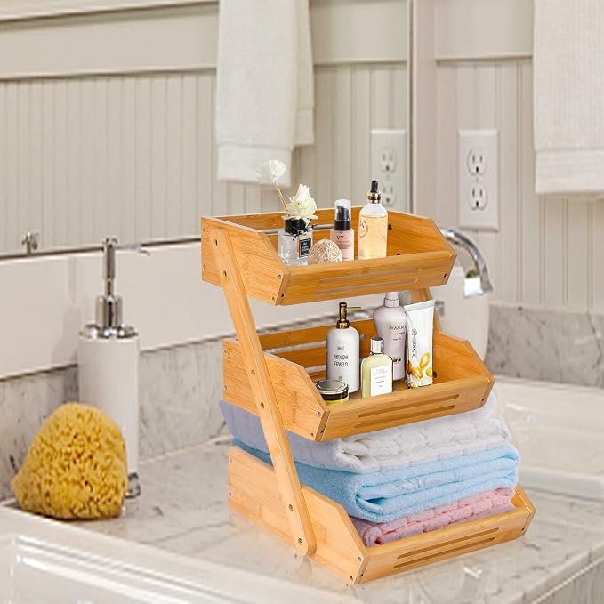VIKEYHOME Fruit Basket, 3 Tier Bamboo Fruit Bowl for Kitchen, Stand Storage Holder, Heavy Duty/Large Capacity for Fruit, Vegetables Countertop Organizer