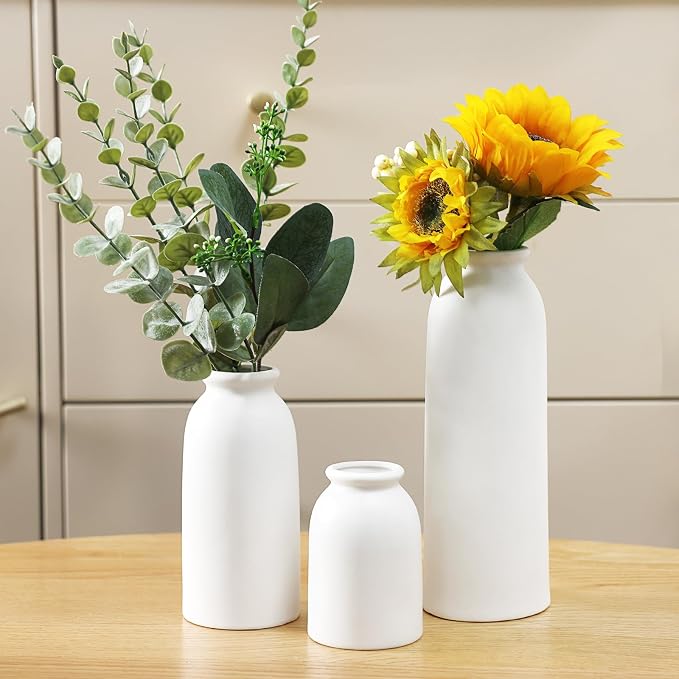 Ceramic Vases Set of 3, Small White Flower Decorative Vase for Pampas Grass & Dried Flowers, Rustic Vase for Table Bookshelf, Living Room