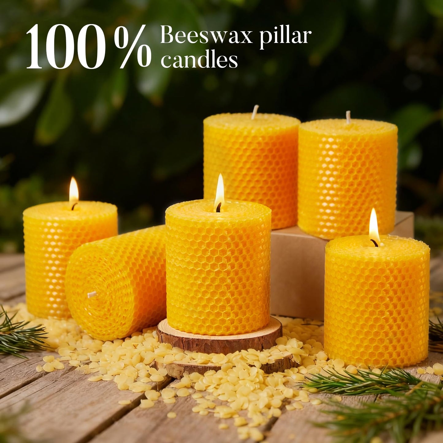 Ashlux Beeswax Pillar Candles, 3x3 Inch -Set of 3 Hand-Rolled Honeycomb Candle - Each Long Burning 17 Hours, Dripless Smokeless Unscented Handmade Beeswax for Home Decor, Prayer, Wedding,SPA