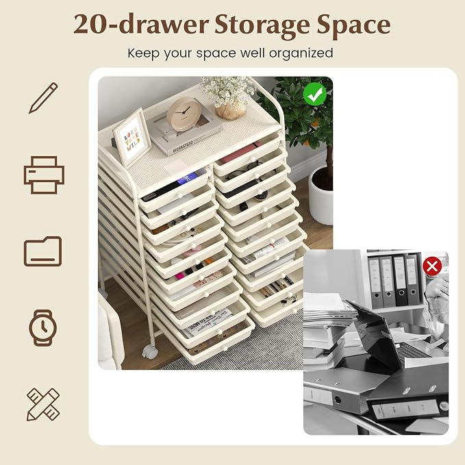 COSTWAY 20-Drawer Rolling Storage Cart, Utility Storage Organizer Cart for Tools, Scrapbook, Paper, Craft, Multipurpose Storage Trolley on Wheels for Home Office School, Ivory White