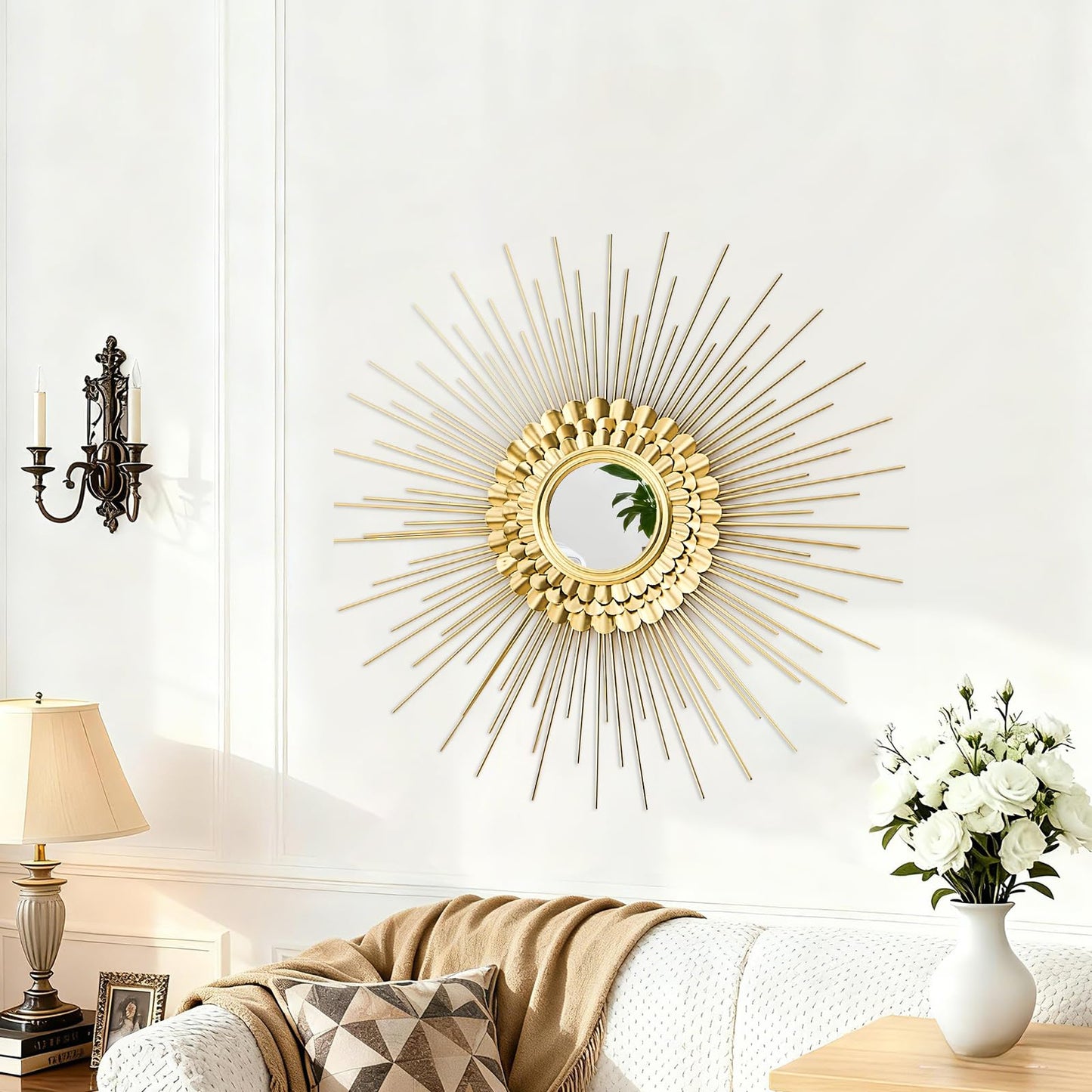 QuiltMuse Wall Decor Metal Sunburst Mirror for Living Room - Home Accent, Ready to Hang Bedroom Decoration