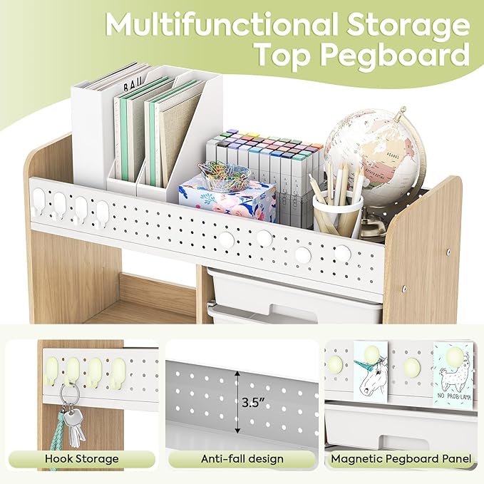 Rolling Storage Cart with Top Pegboard and 6 Drawers, Mobile Utility Cart on Wheels with Locking Brakes, Craft Organizer Lateral File Cabinet for Home, Office and Craft Room – Wood Frame(Green)