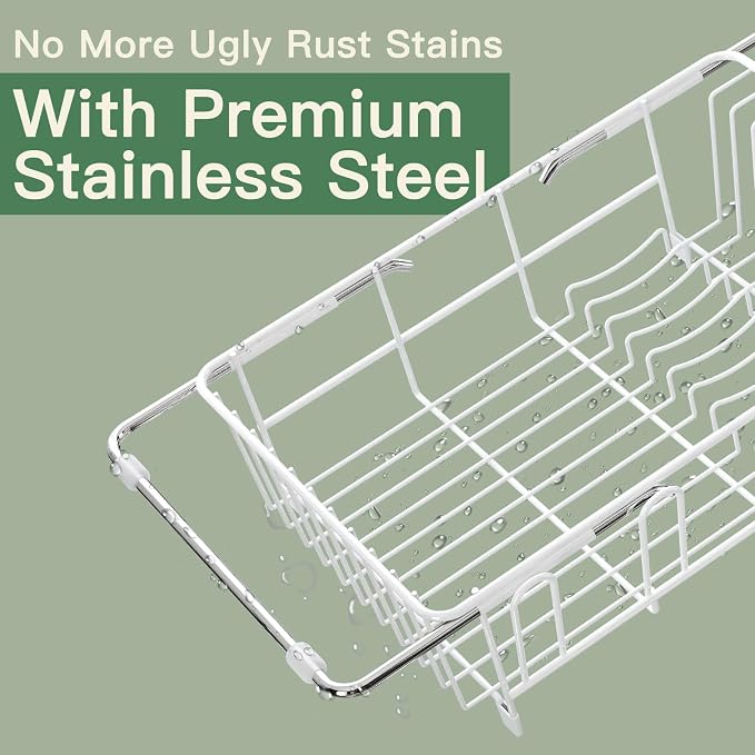 MAJALiS White Dish Drying Rack Over Sink with Utensil Holder, Drainboard | Expandable Stainless Steel Dish Drainer for Small Kitchen, Apartment, RV, Counter Space Saving, Perfect Fit, Rustproof