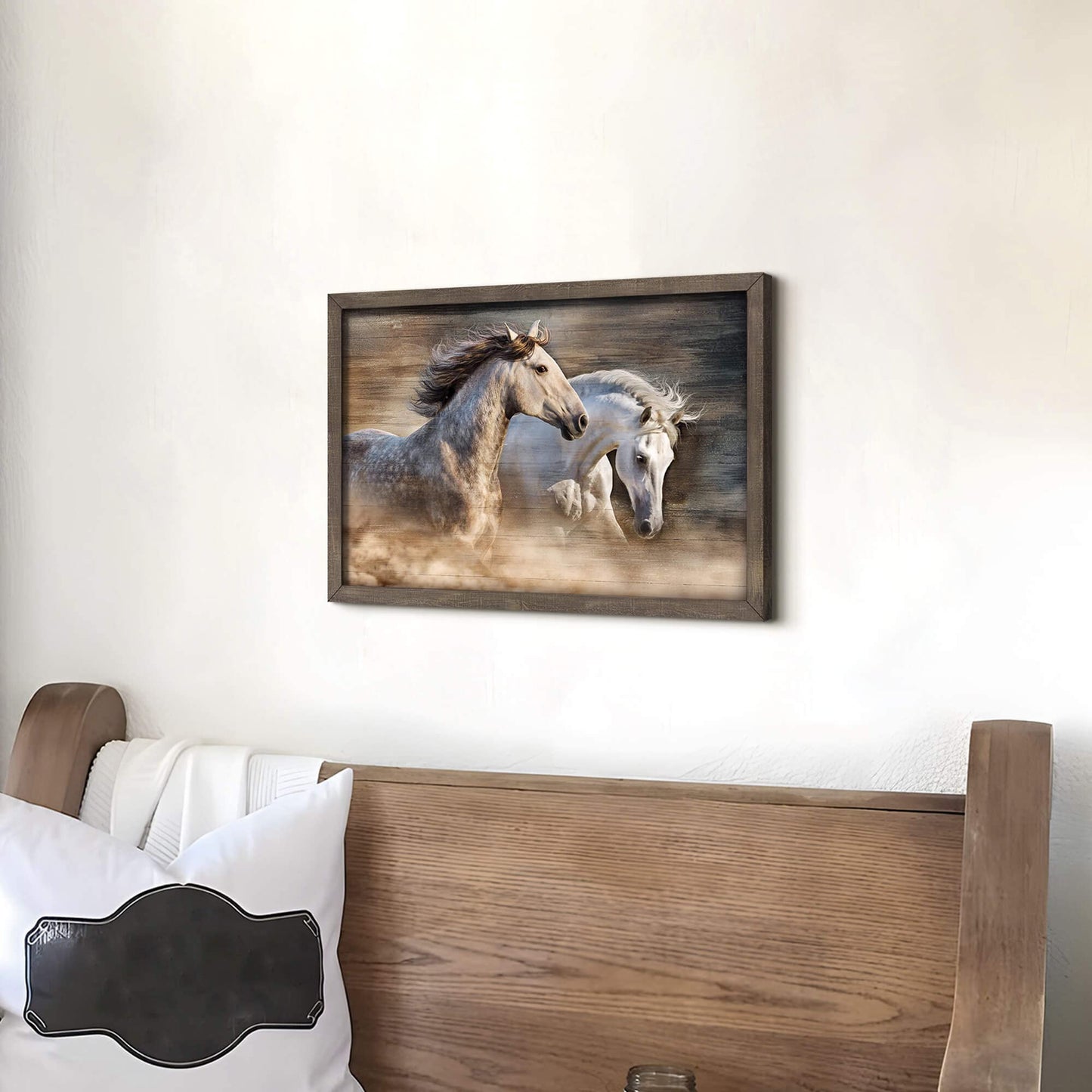 Framed Horse Wall Art Picture: Two Horses Art Running Horse Painting Horse Artwork Painted Wood for Bedroom(12x16)
