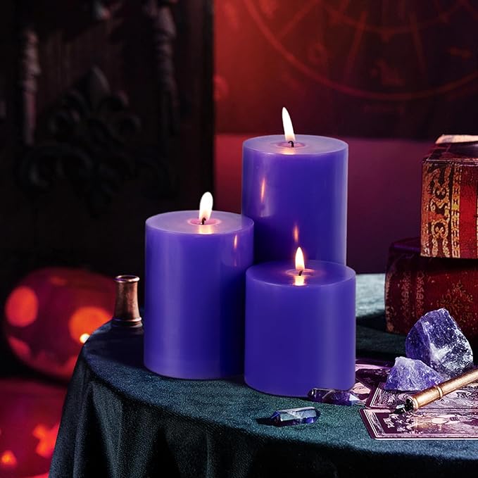 KONNI Violet Pillar Candles Set of 3, 3"x 4" Unscented Pillar Candles Bulk, 39 Hours Long Burning Candles, Smokeless and Dripless Large Round Candle for Wedding, Home Decoration, Parties, Spas, Dinner