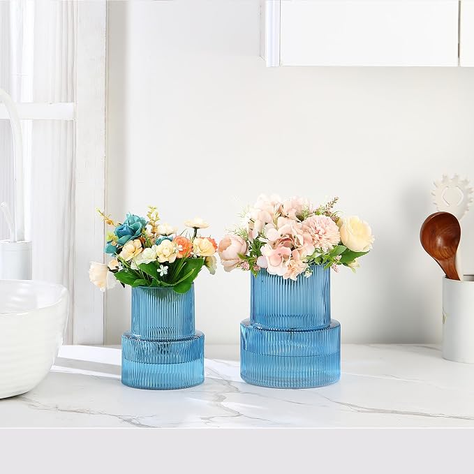 Ribbed Glass Vases for Bouquet, Set of 2 Blue Vases for Flowers, Blue Glass Vase for Tulips, Modern Vase for Living Room, Office, Coffe Table, Dining Table, Shelf, Wedding