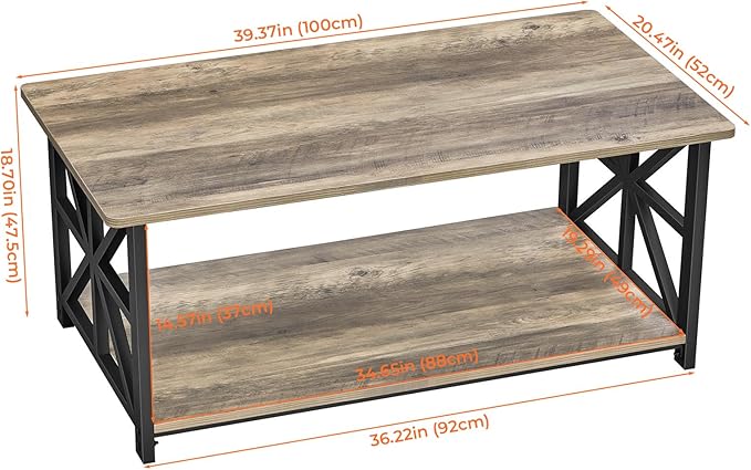 GreenForest Coffee Table for Living Room with Round Corners Farmhouse Style Center Table with Storage Shelf 39 Inch Space Saving Easy Assembly Gray Wash | for Living Room