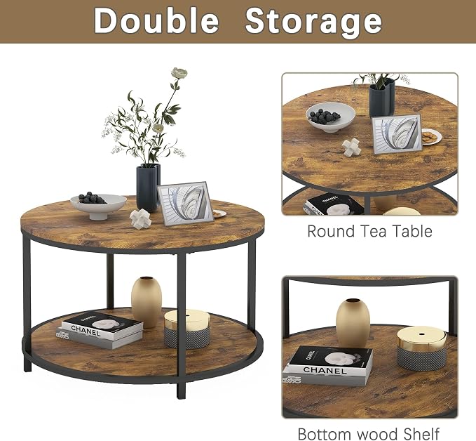 NSdirect Round Coffee Table, 25.6" Small Coffee Table for Living Room,2-Tier Rustic Wood Desktop with Storage Shelf Modern Design Home Furniture(Brown)