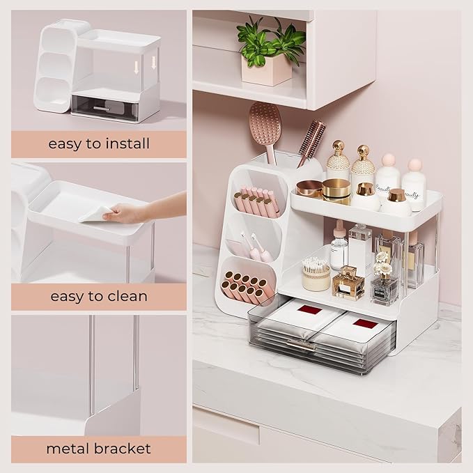 UFORU Makeup Organizer for Vanity with Brush Holder, 2 Tiers Countertop Skincare, Cologne Organizer and Perfume Stand for Bathroom Vanity, Large Capacity Makeup Storage, White