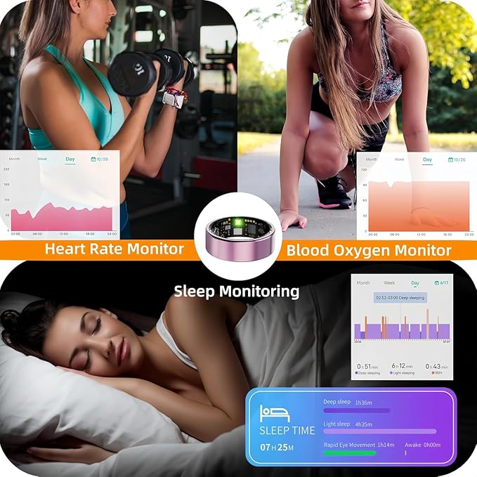Smart Ring For Women Men, Health Tracker with Heart Rate/Blood Oxygen/Blood Pressure/Sleep Monitoring/Step Counting, IP68 Waterproof Fitness ring, No App Fees for iPhone & Android (Silver, 6#)