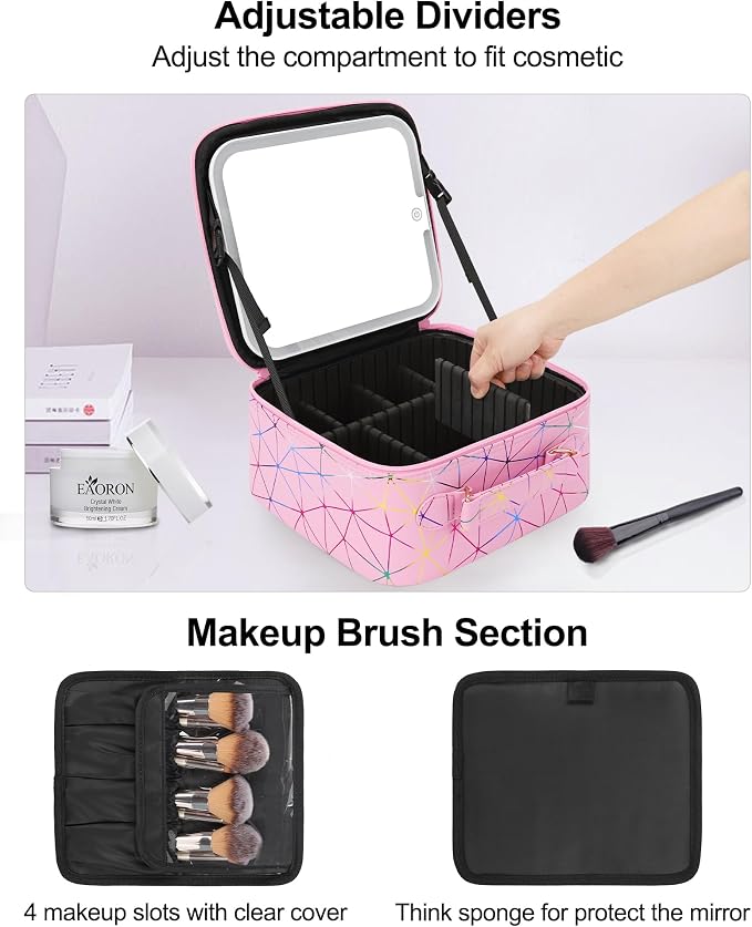 Relavel Travel Makeup Bag with LED Mirror, Portable Cosmetic Train Case with 3 Color Lighted Brightness Mirror, Makeup Artist Organizer Storage with Adjustable Dividers Make Up Box - Pink Geometric