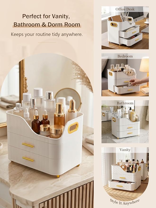 Booklov Countertop Makeup Organizer with Drawers, 3 Tier Large Cosmetic Storage Box for Vanity, Bathroom Counter, Dresser, Skincare Display Case for Lipsticks, Beauty Palettes, Teen Girl Gifts, White