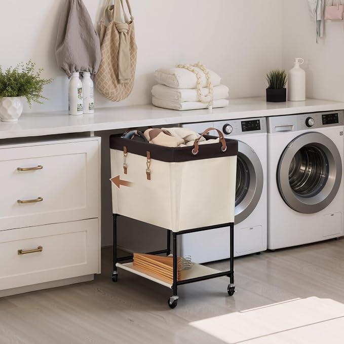 StorageWorks Laundry Cart, 2 Tier Rolling Laundry Basket, Heavy Duty Laundry Basket with Lockable Wheels, Laundry Room Organization and Storage, Clothes Hamper for Bedroom, Dorm, Closet, 29Gal, Beige