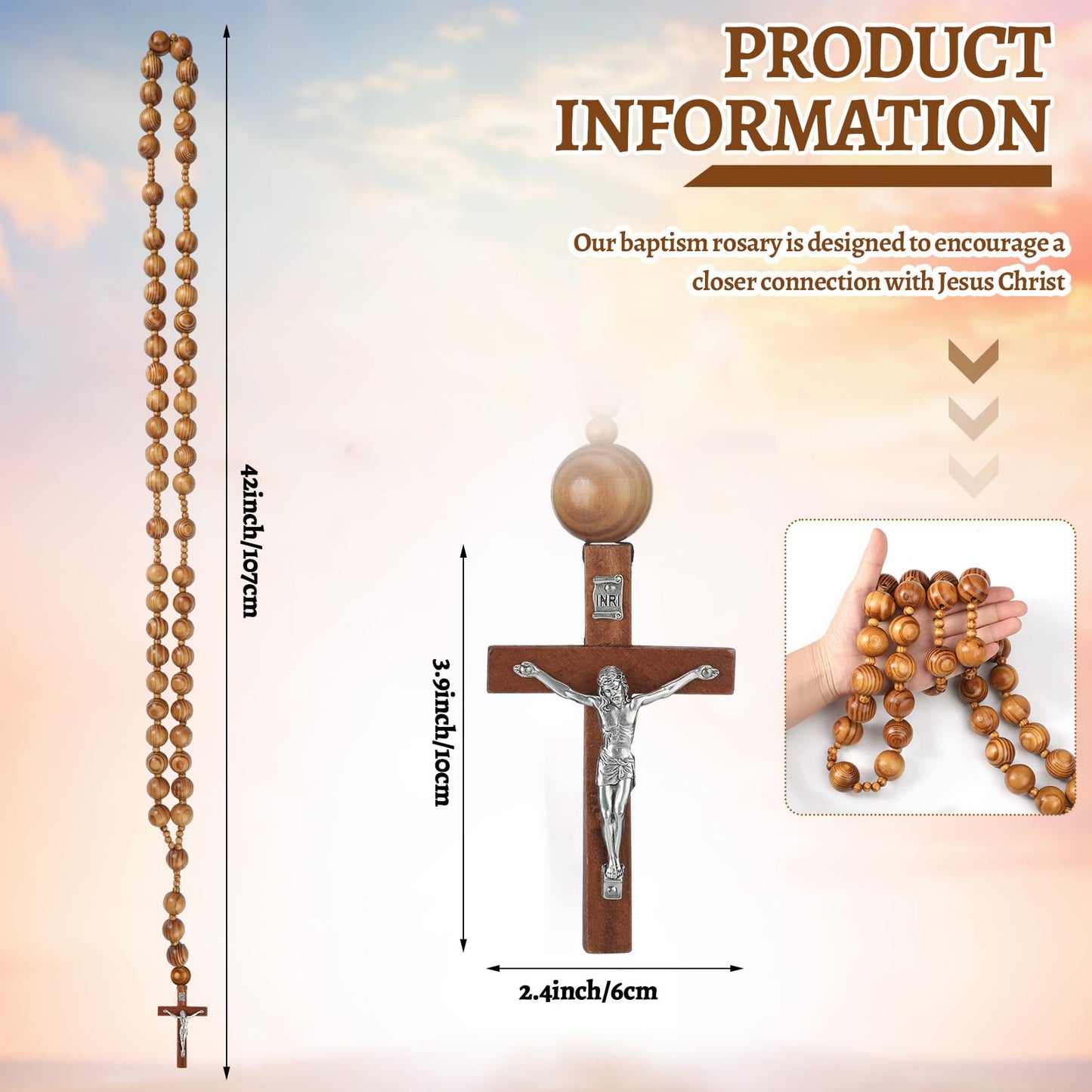 Quelay 42 Inches Catholic Holy Big Mix Beads Sanctified Rosary Handmade Natural Wood Chain Jesus Cross Large Wall Christian Rosary for Advent Prayer and Christmas Devotions